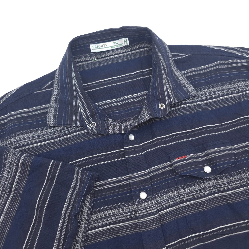 Criquet Mens XXL Pearl Snap Navy Blue Striped‎ Cotton Hemp Short Sleeve Shirt